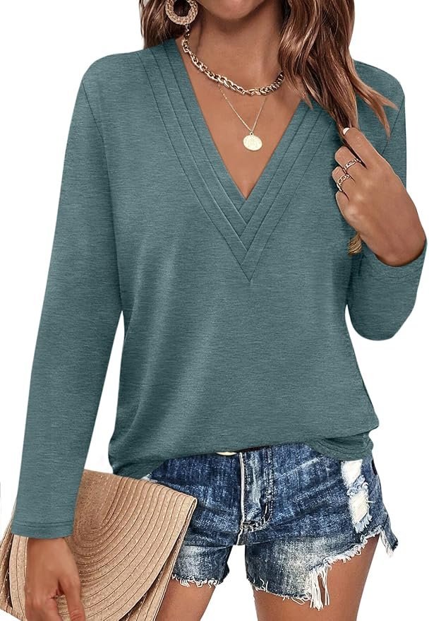 Building a low-maintenance on-the-go edit around T-Shirt — EasyGala Womens Deep V Neck Long Sleeve Shirts Pleated Dressy Casual Tops Sexy Loose Fit T Shirt