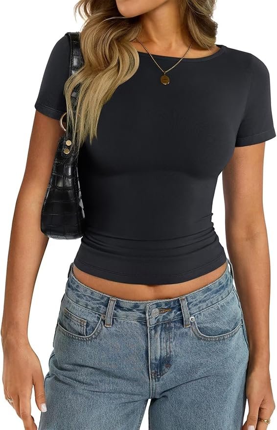 The five-minute outfit built around Cropped Boat-Neck Shorts — EasyGala Womens Cotton Short Sleeve Shirts Summer Boat Neck Crop Tops