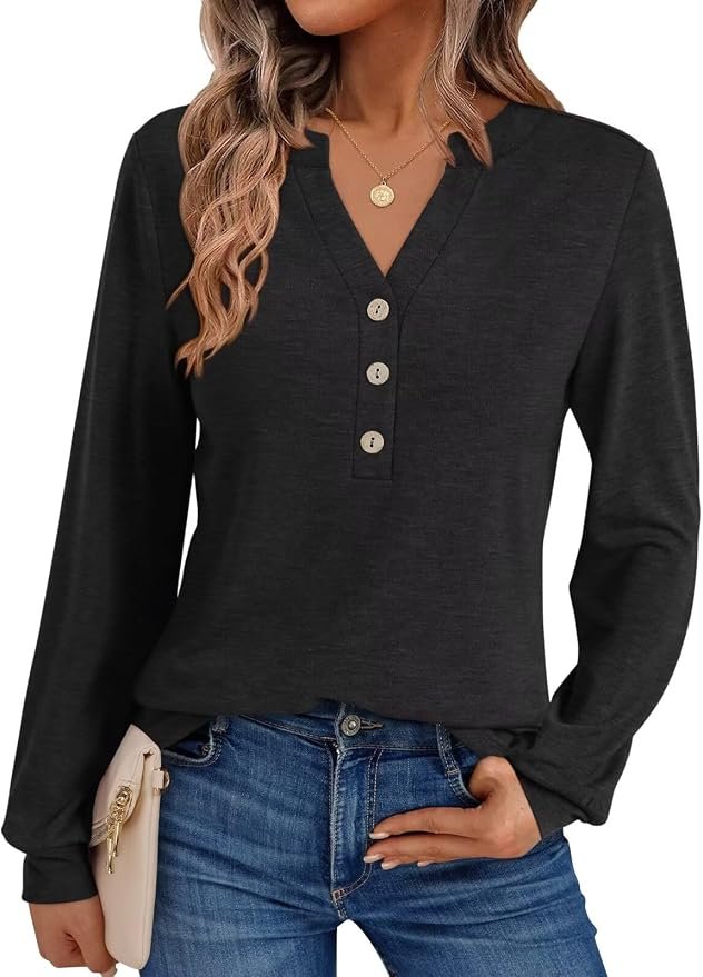 T-Shirt made a regular day look interesting — EasyGala Womens V Neck Long Sleeve Shirts Henley Dressy Casual Tops Loose Fit Trendy Tees Fall T Shirts Outfits 2025