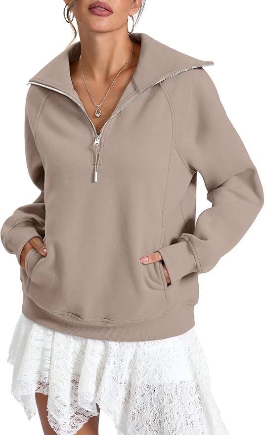 The effortless transition: Sweatshirt under the midday sky — EasyGala Womens Fleece Lined Sweatshirts Oversized Half Zip Pullover with Pocket Trendy Long Sleeve Tops Outfits Clothes