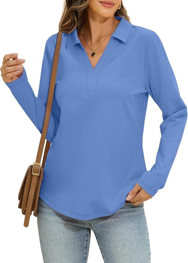 Weather report: Shirt remains in rotation — EasyGala Womens Cotton Long Sleeve Polo Shirts Collared Loose Fit Tops
