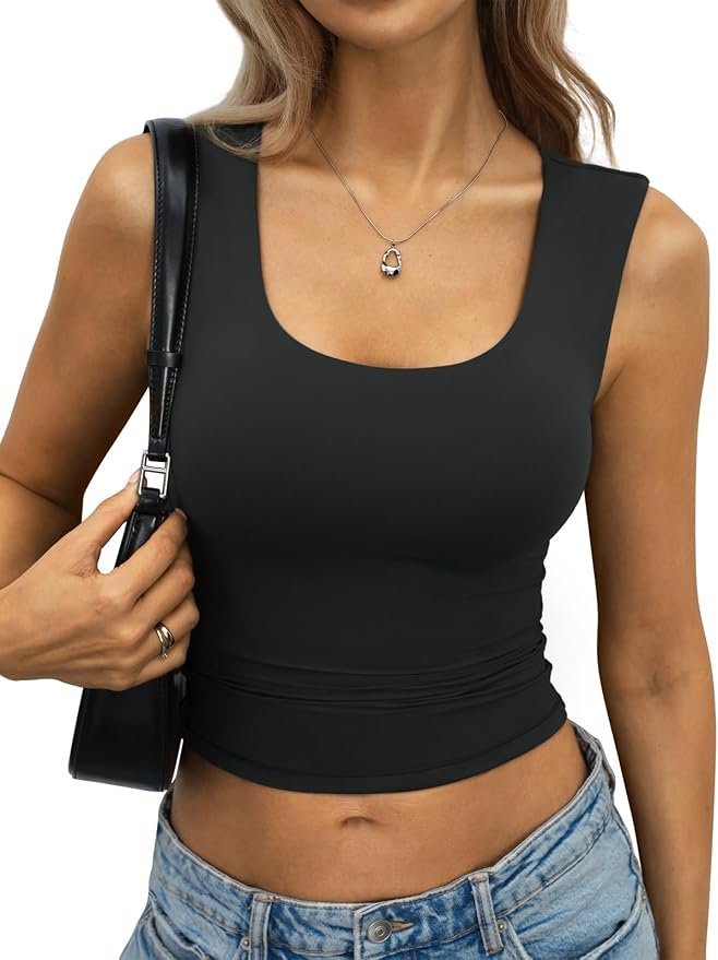 Double-Lined Cropped Scoop-Neck Tank Top are sew ready — EasyGala Womens Double Lined Crop Tank Top Fitted Scoop Neck Sleeveless Top