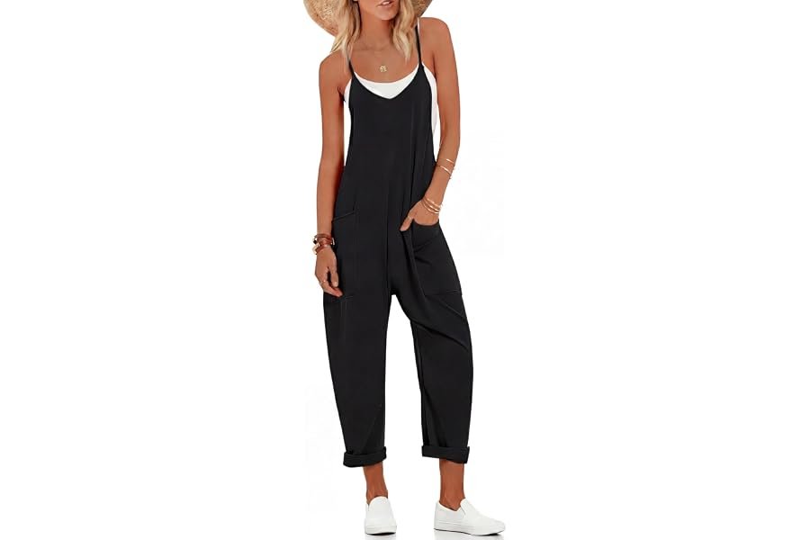 The understated chic edit: Pants for a late-night outing — Ekouaer Womens Jumpsuit Sleeveless Casual Summer Overalls Jumpers Spaghetti Strap Baggy Long Pants Rompers with Pockets