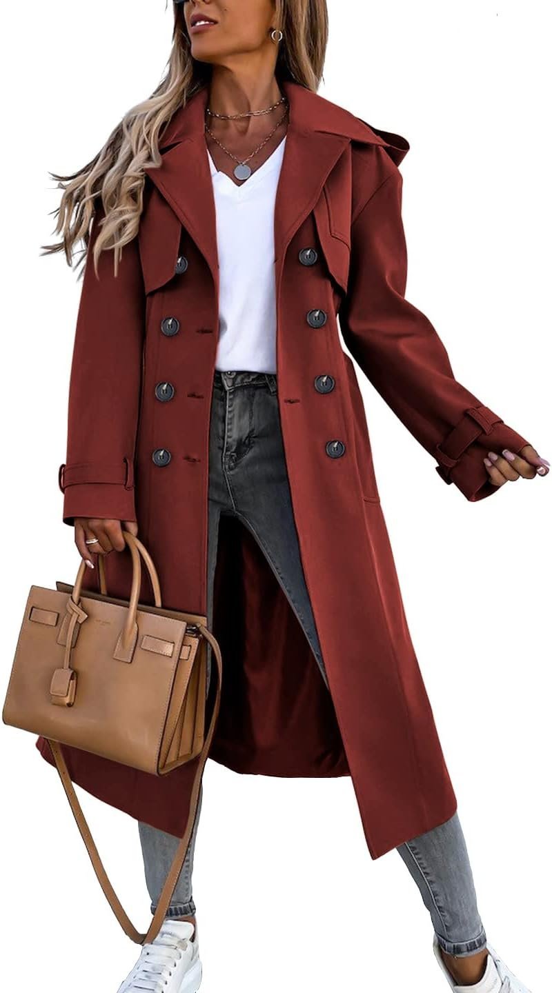 From morning coffee to evening shade: Jacket style journal — Fisoew Women's Double Breasted Long Trench Coat Windproof Classic Lapel Belted Overcoat with Pockets