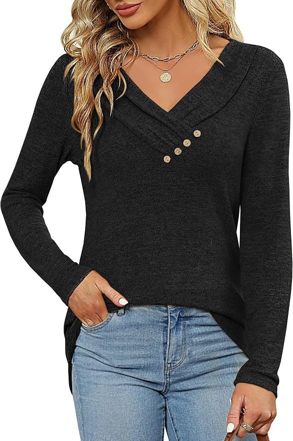 The understated chic edit: Shirt for a morning outing — Fmeyoa Women's Fall Long Sleeve Tunic Tops for Leggings V Neck Casual Shirt