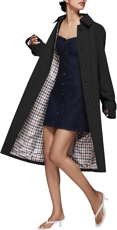 The unexpected outfit win starring Jacket and clean accents — Fnortc Windproof Women's Long Single Breasted Trench Coat Oversized Style with Checkered Lining All-Season Fashion Outerwear