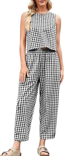 Today's main event is Cropped Wide-Leg Pants — Fnortc Plaid 2 Piece Sets for Women Summer Matching Wide Leg Crop Pants Outfit Casual Beach Lounge Set