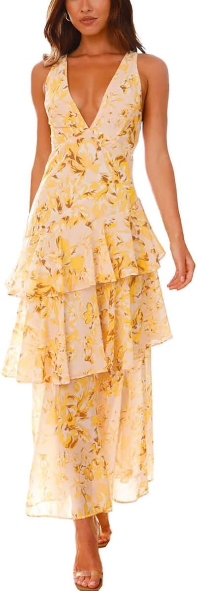 I planned one quick everyday stop. Dress had other ideas. — Grmlrpt Women's Floral Maxi Dress Sexy Deep V Neck Backless Ruffles Dresses Beach Party Wedding Guest Dress