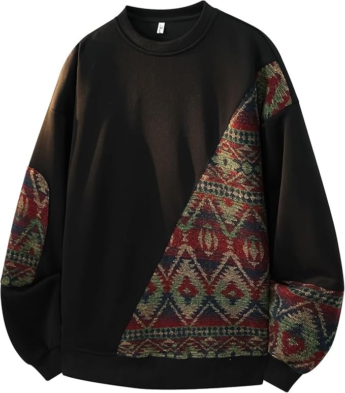 Sun out, Sweatshirt on — Gurunvani Men's Patchwork Aztec Print Sweatshirt Unisex Loose Fit Retro Ethnic Pullover