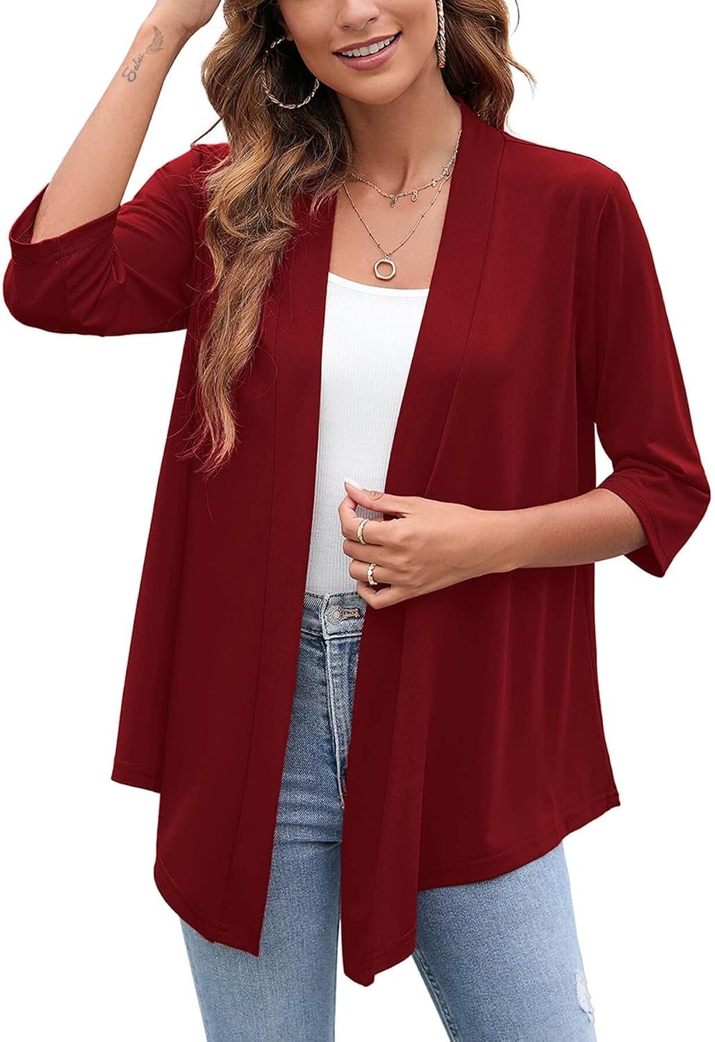 How Lightweight Jacket instantly elevated a five-minute on-the-go look — Heymoments Women's Lightweight Open Front Cardigans 3/4 Sleeve Casual Soft Drape Fall Cardigan S-2XL
