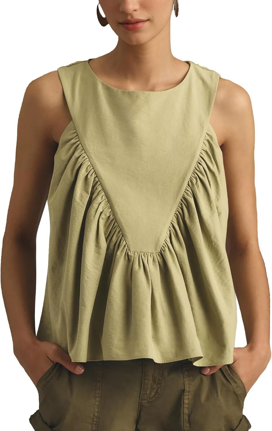 Soft textures, clean lines: Tank Top in the sunset light — Hixiaohe Shirred Swing Tank Tops for Women Fashion Flowy Sleeveless Shirts Casual Crew Neck Blouse Loose Fit Ruffled Tops