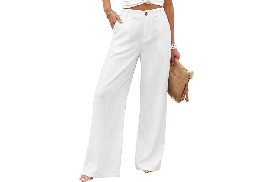 Wide-Leg High-Rise Trousers and Lightweight Tote Bag: A visual study in effortless proportions — Hooever Womens Cotton Linen Pants Casual Button Up High Waisted Wide Leg Trousers