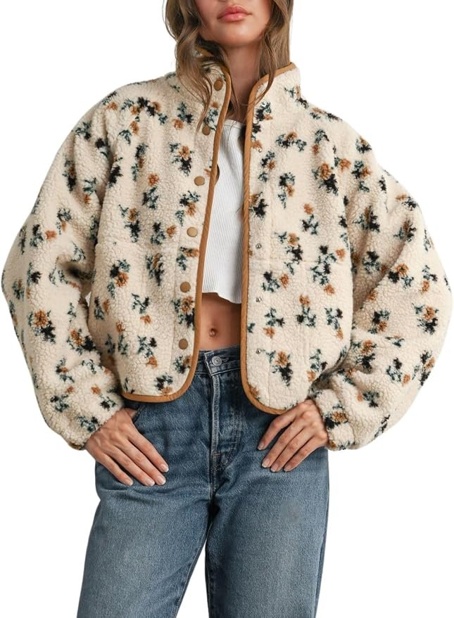 A closer look at how Jacket moves — Joiemont Womens Floral Print Fluffy Fleece Jacket Snap Button Winter Teddy Fleece Jacket Casual Faux Fur Outwear