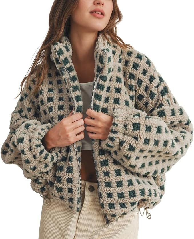 Cropped Jacket turned five minutes into a fit check — Keeliya Womens Checkered Sherpa Jacket Cropped Long Sleeve Plaid Fleece Coats Casual Zip Up Gingham Outwear with Pockets