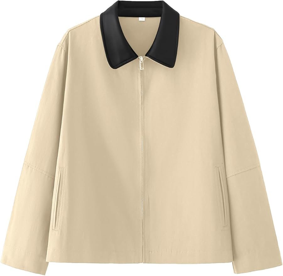 I told Lightweight Jacket a joke. It was in stitches — Keomud Barn Jackets for Women Zip Up Casual Lightweight Jacket Contrast Leather Collar Outwear for Spring Fall Beige Medium