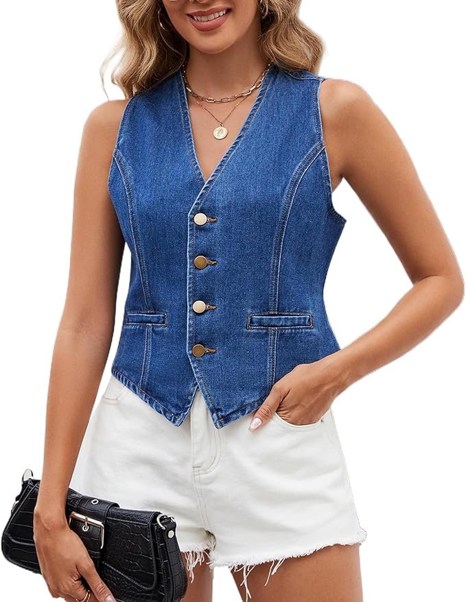 Sun out, Jacket on — Ladyful Denim Vest Top for Women V Neck Sleeveless Jean Waistcoat Vest