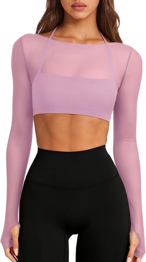 When Double-Lined Cropped Top makes the errand feel like a main character moment — Laslulu Womens Sexy Mesh Long Sleeve Workout Tops Double Lined Crop Tops
