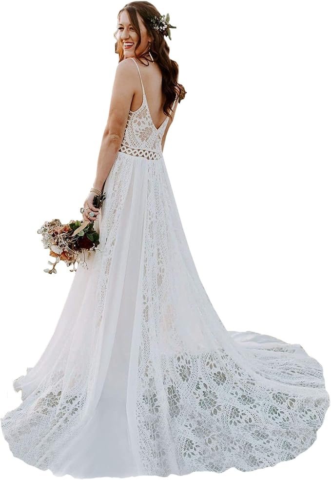 The schedule said casual; Dress heard camera-ready — Liposa Boho Lace Wedding Dresses for Bride Spaghetti Strap Sweetheart A Line Sleeveless Courthouse Bridal Gowns