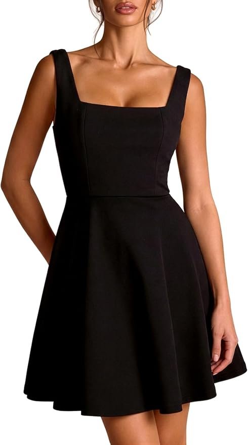 Square-Neck Dress earned the front spot in this fit check — Lyrur Women's Square Neck Lace Up Skater Homecoming Cocktail Dress Pockets