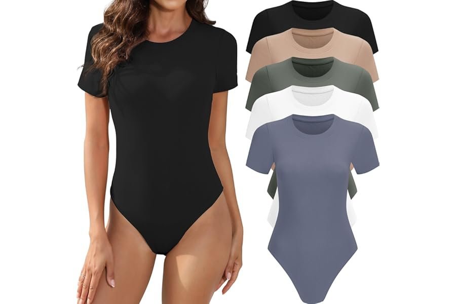 The unexpected outfit win starring Bodysuit and clean accents — MLYENX 5 Pack Body Suits for Womens Short Sleeve Round Neck Casual Stretchy Basic T Shirt Bodysuit Tops