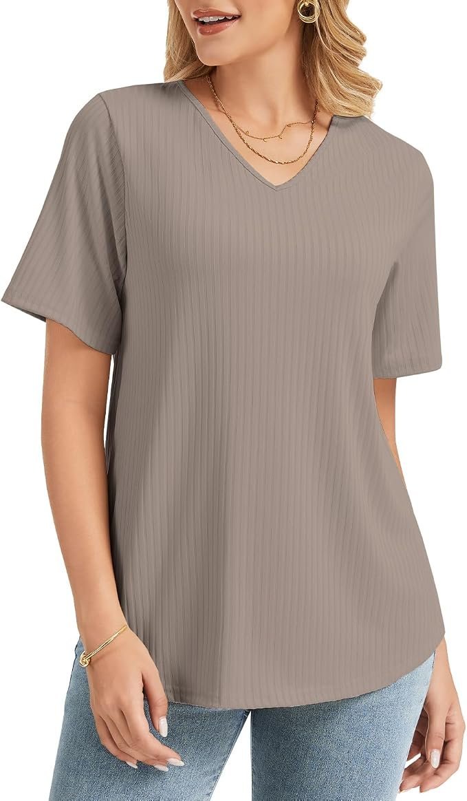 Shorts understood the assignment before I did — Magicatelier Women Summer Short Sleeve Tunic Tops Shirts V Neck Plus Size Outfits Loose Fit Dressy Casual Business Blouses