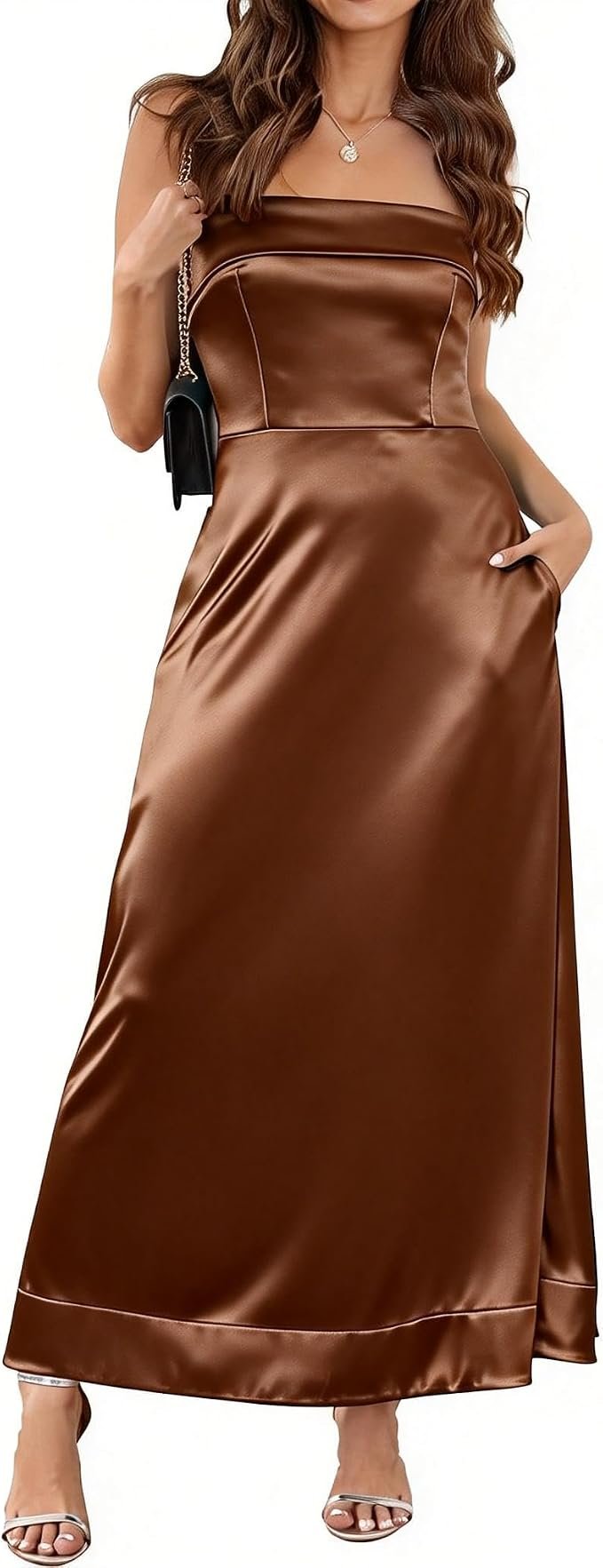 Coffee first, Strapless Dress second, plans eventually — Makabo Satin Strapless Tube Dress Elegant Formal Maxi Backless Dress with Pockets for Wedding Guest Cocktail