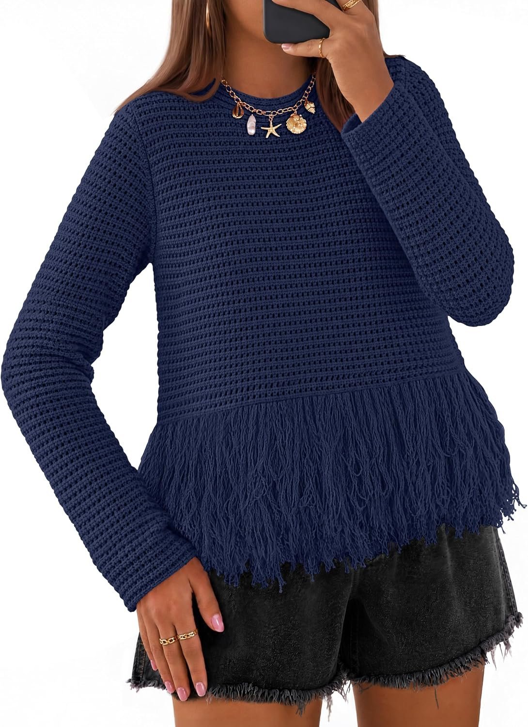 The casual-chic formula: Top for a relaxed at-home scene — Merokeety Women's Fall Fashion Crochet Fringe Sweaters