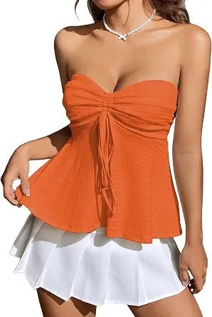 Why Strapless Ruched Tube Top is officially taking over my late-night capsule wardrobe — Milumia Women Tie Front Ruched Tube Top Y2k Summer Strapless Peplum Tops Babydoll Flowy Tops