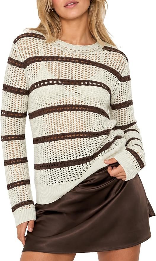When Top makes the errand feel like a main character moment — Mostrend Women's Hollow Out Knit Striped Long Sleeve Sweater