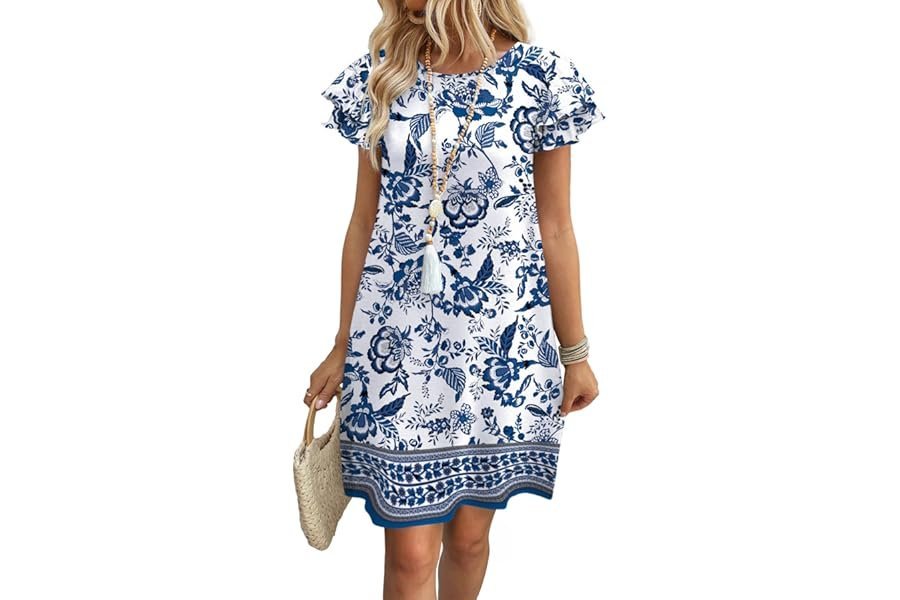 Styling Dress without overcomplicating the rest of the look — OFEEFAN Womens Summer Dresses 2026 Ruffle Sleeve Round Neck Loose Swing Sundresses with Pockets Plain/Print