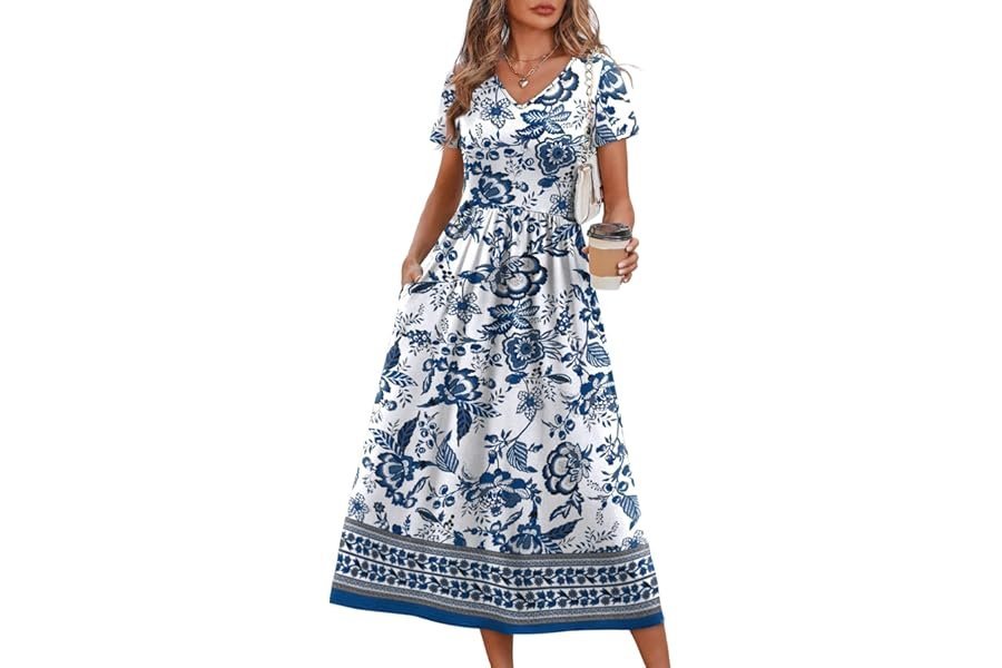 The midday outfit plot twist starring Dress — OFEEFAN Summer Dresses for Women Flowy Casual A-Line Midi Dress Beach Vacation Sundresses with Pockets S-2XL