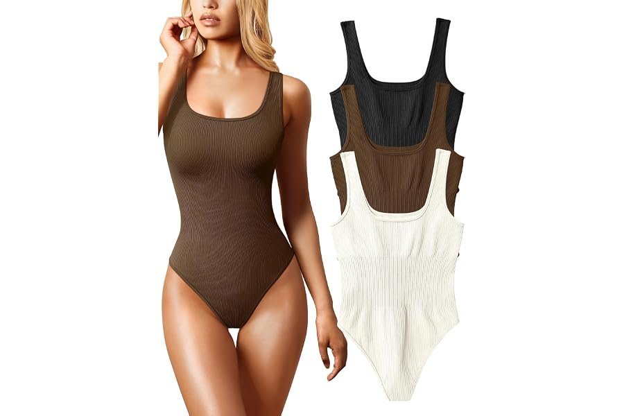 The effortless transition: Square-Neck Bodysuit under the late-night sky — OQQ Women's 3 Piece Bodysuits Sexy Ribbed Sleeveless Square Neck Tank Tops Leotard 2025 Trendy Outfits