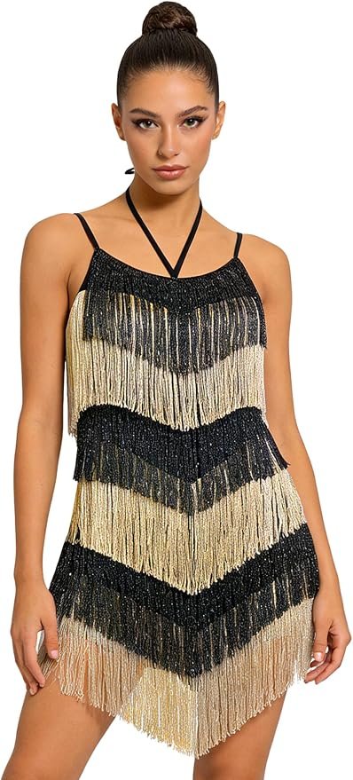 A closer look at how Dress moves — Odizli Women's Fringe Latin Dance Dress - Halter Backless Adjustable Cami Straps Color Block Salsa Ballroom Dance Costume