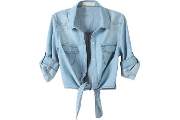 Minimalist styling rules: Cropped T-Shirt taking center stage — Omoone Women's 3/4 Sleeve Modern Denim Crop Top Tie Knot Shirt Chambray Cardigan