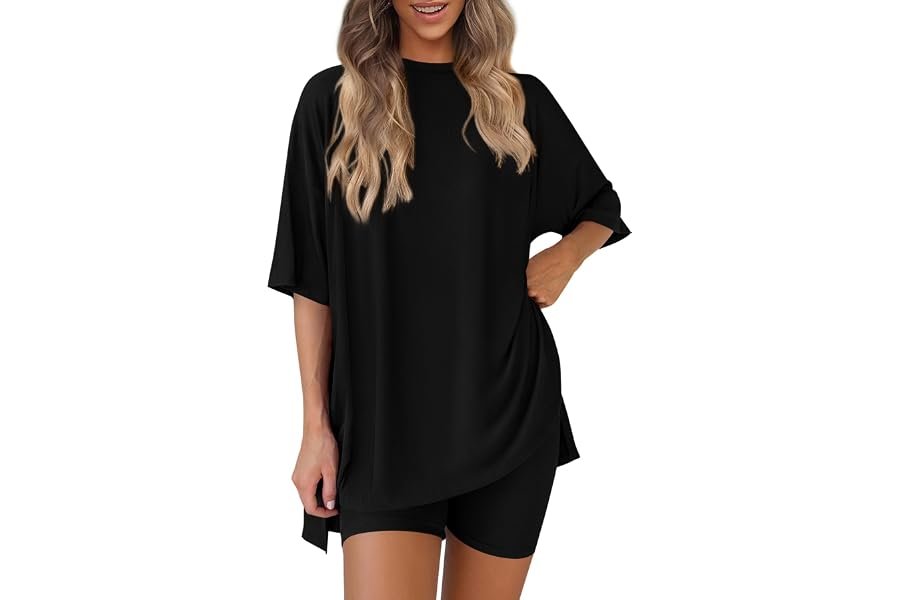 A very specific outfit mood: Shorts and nowhere urgent to be — PRETTYGARDEN Women 2 Piece Lounge Set 2026 Summer Casual Oversized Shirts Biker Shorts Matching Airport Travel Outfit Clothes