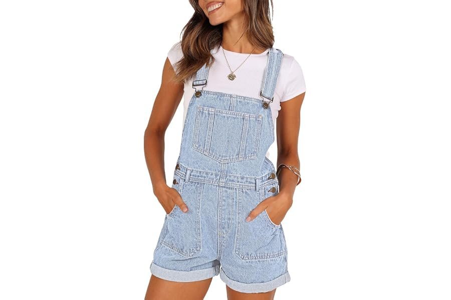 The secret behind this midday outfit: High-Rise Jeans does the heavy lifting — Pink Queen Women's Denim Shortalls Casual Adjustable Straps High Waist Bib Jeans Overalls Shorts Romper with Pockets