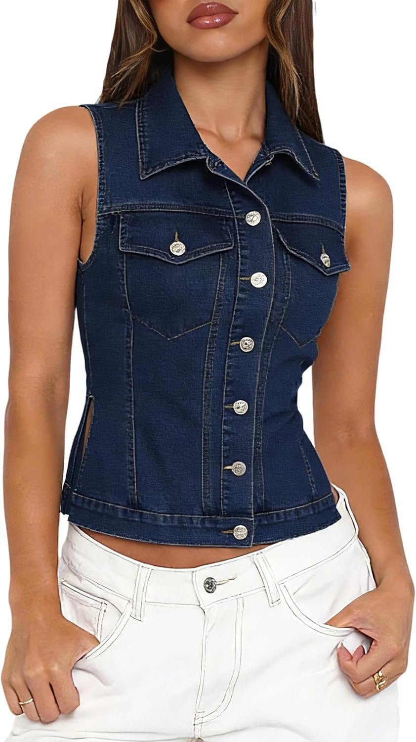 Chic, simple, and functional: Jacket for a everyday day — Potili Denim Vest Top for Women Button Down Side Slit Jean Vest Jackets