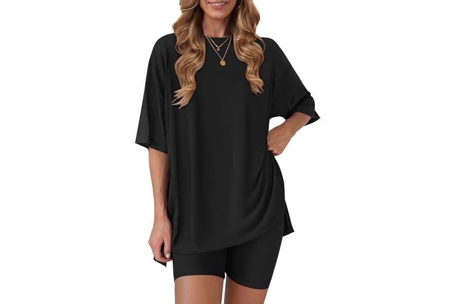 How Shorts turned a simple at-home walk into a wardrobe win — RUBZOOF Women's 2 Piece Lounge Sets 2026 Casual Summer Airport Travel Outfits Oversized Shirts Biker Shorts Matching Clothing