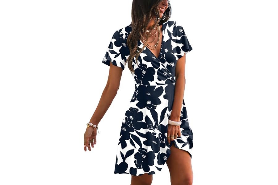 Dress, sunset light, and an outfit with a suspiciously full calendar — RUMIA Womens Casual Dresses Wrap V Neck Dress A-Line Ruffle Sleeve Summer Sundress Fashion 2026