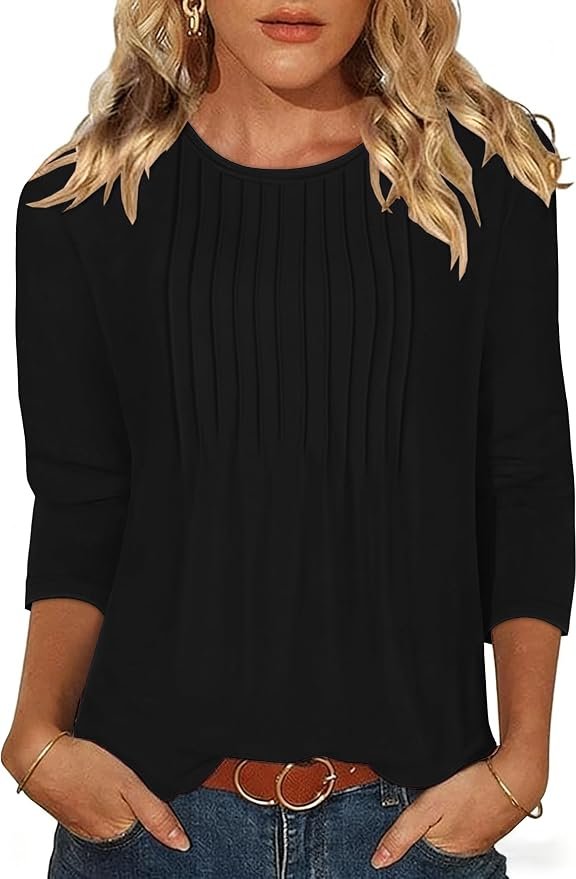 T-Shirt: proof I can dress and tell a joke — Rosemia 3/4 Length Sleeve Womens Tops Pleated Dressy Casual T Shirts Tunic Blouses