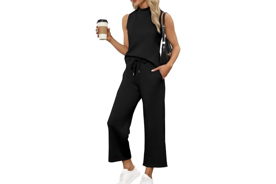 How Cropped Wide-Leg Pants instantly elevated a five-minute everyday look — SAMPEEL Two Piece Sets for Women Summer Outfits Lounge Sets Mock Neck Tops Wide Leg Crop Pants Vacation Travel Outfits