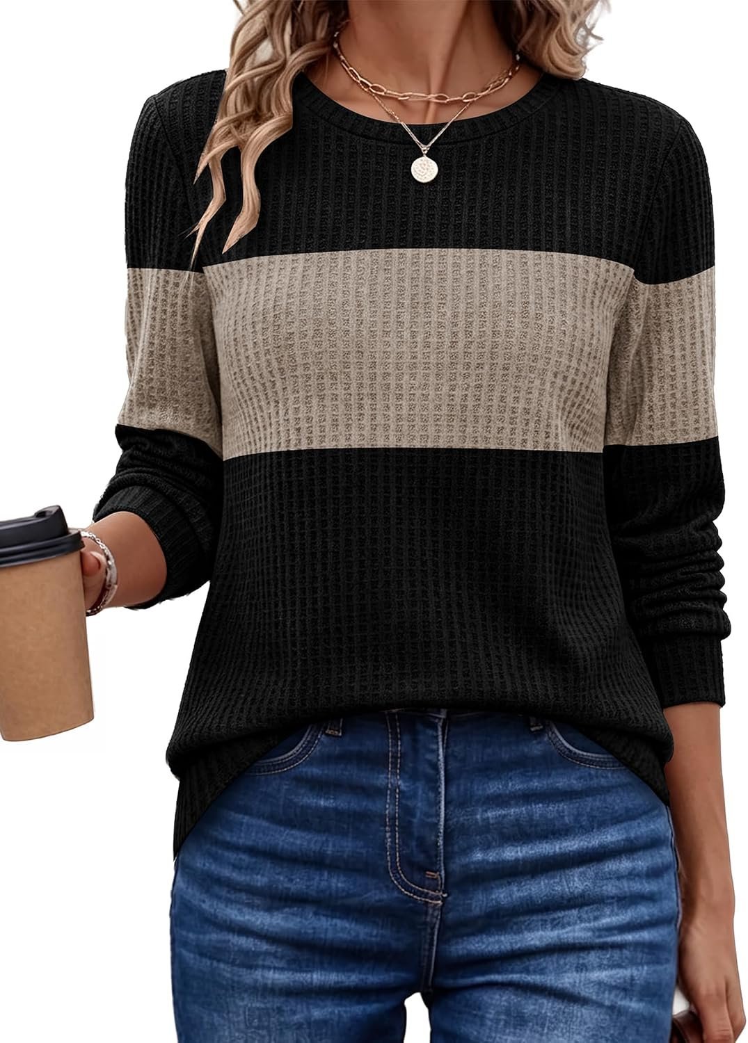The everyday styling trick: letting Top set the visual tone — Sampeel Womens Sweaters Long Sleeve Tops Fall Outfits Winter Clothing Waffle Knit
