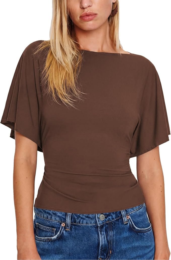 Boat-Neck T-Shirt are doing the most, politely — SeeLuNa Women Cinched Waist Shirts Stretchy Dolman Sleeve Boat Neck Knit Top Trendy Streetwear Outfits Basic Workout Tee Tops