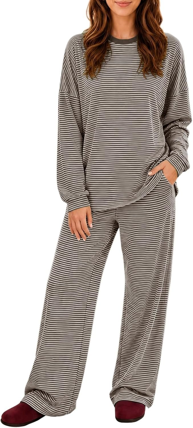 When 2 Piece Striped Lounge Set brings just enough texture contrast to the outfit — Sexyasasii Women's 2 Piece Striped Lounge Set Maternity Pajama Sets