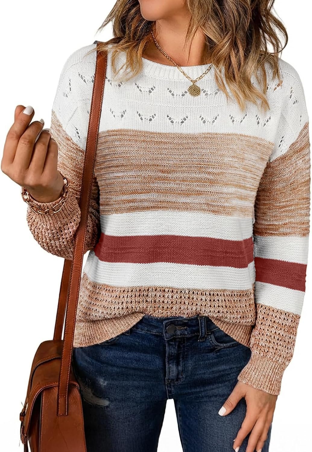 The secret behind this sunset outfit: Boat-Neck Lightweight Top does the heavy lifting — Sidefeel Women's Oversized Sweaters Striped Crochet Boat Neck Hollow Out Lightweight Long Sleeve Knit Trendy Pullover Tops