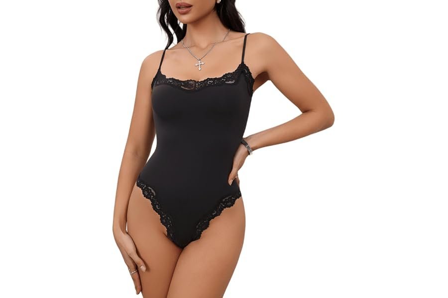 This midday look with Square-Neck Bodysuit is doing all the styling work — Starrylion Lace Body Suit Square Neck Tops for Women Sleeveless Spaghetti Strap Tank Top Bodysuits for Women Sexy Jumpsuit
