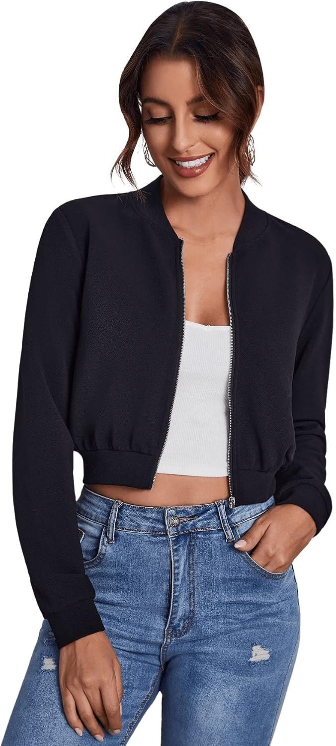 Cropped Jacket, late-night light, and an outfit with a suspiciously full calendar — SweatyRocks Women's Casual Long Sleeve Solid Zip Up Coat Crop Bomber Jacket
