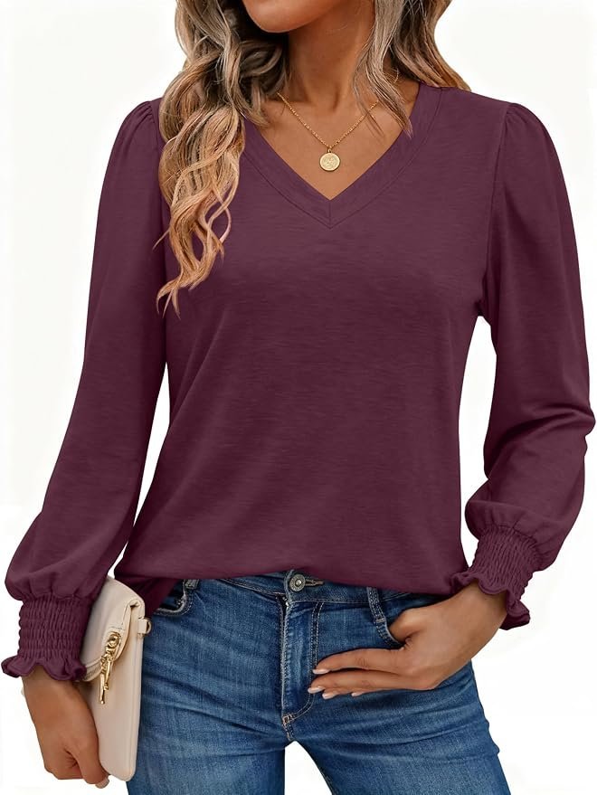 This morning look with T-Shirt is doing all the styling work — Tesancco Womens Long Sleeve Shirts V Neck T-Shirt Blouses Dressy Casual Tunic Tops Basic Tee Business Work Fall Outfits Clothes 2025 Wine Red L