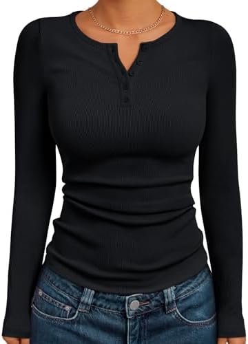 The unexpected outfit win starring Blouse and clean accents — Trendy Queen Long Sleeve Henley Shirts for Women Fall Winter Ribbed Thermal Tops Casual Blouses Basics Tees Cute Sweaters