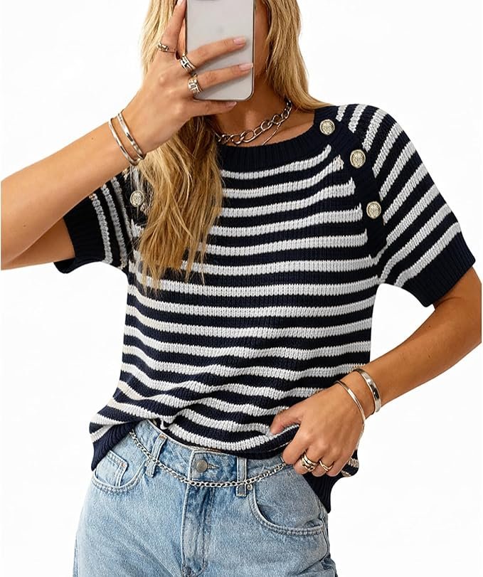 Jacket and Pants made getting dressed suspiciously easy — Truwelby Women's Striped Sweater Vest Short Sleeve Knit Top Button Shoulder